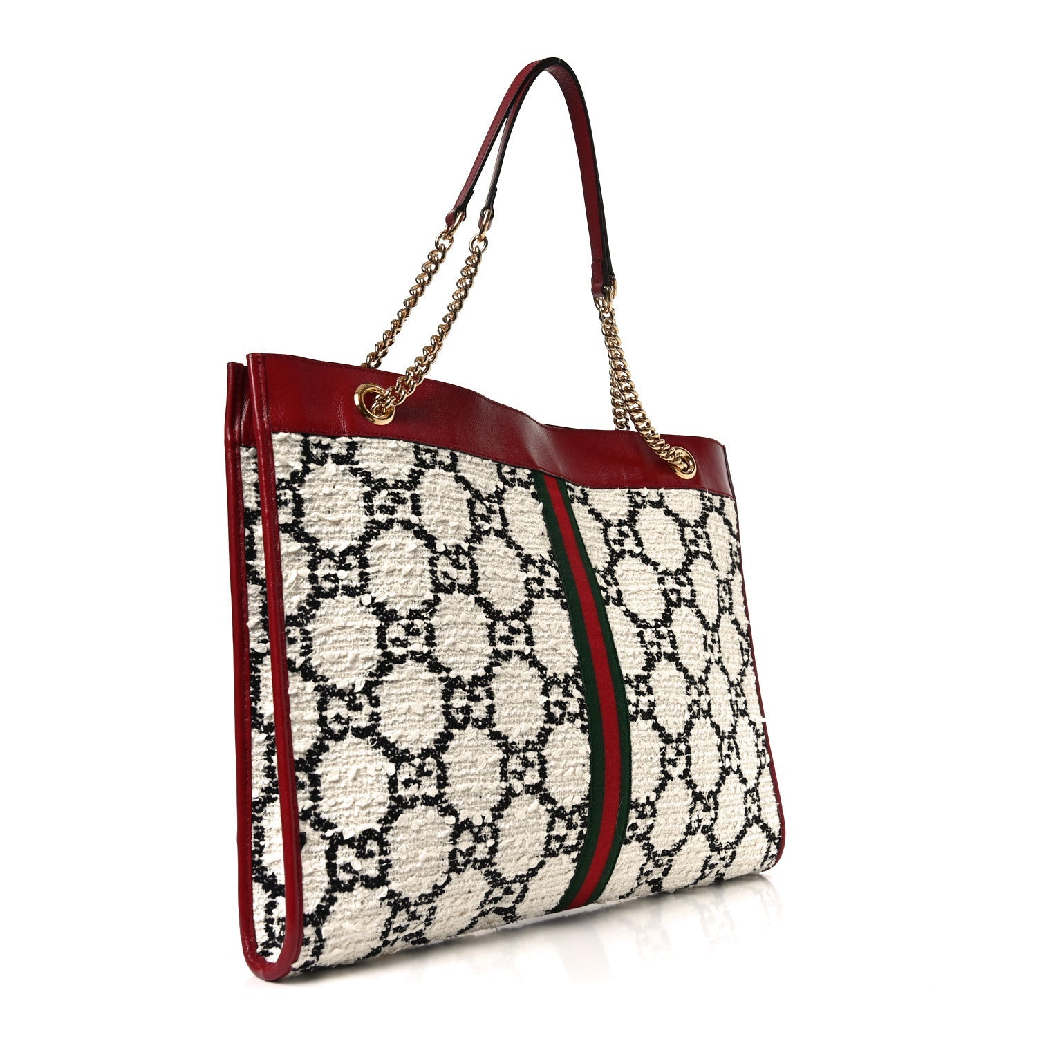 Gucci Tweed GG Monogram Large Rajah Chain Tote White Black Romantic Cherry