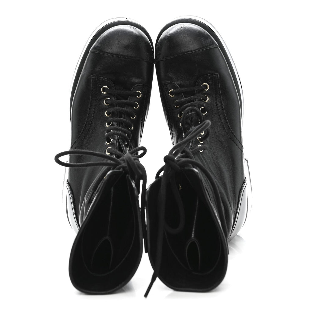 Lambskin Patent Calfskin Quilted CC Lace Up Combat Boots 37 Black