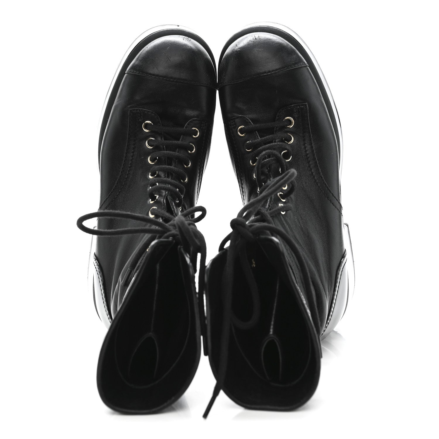 Lambskin Patent Calfskin Quilted CC Lace Up Combat Boots 37 Black