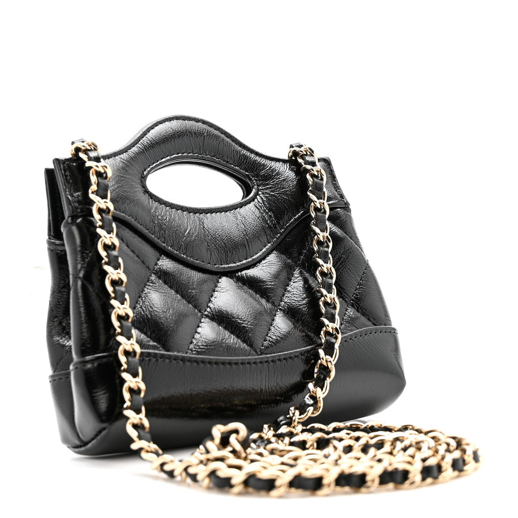 Chanel Shiny Lambskin Quilted Micro 31 Clutch With Chain Black