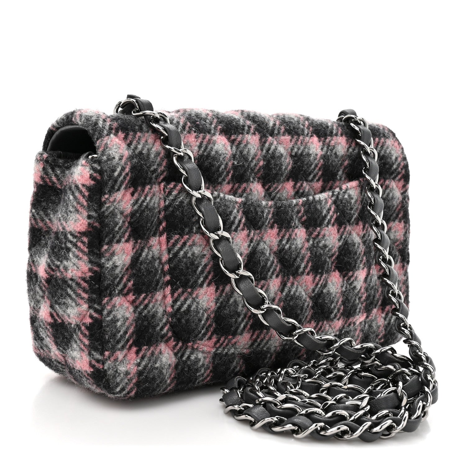 Chanel Wool Plaid Quilted Mini Rectangular Flap Pink Grey Multicolor