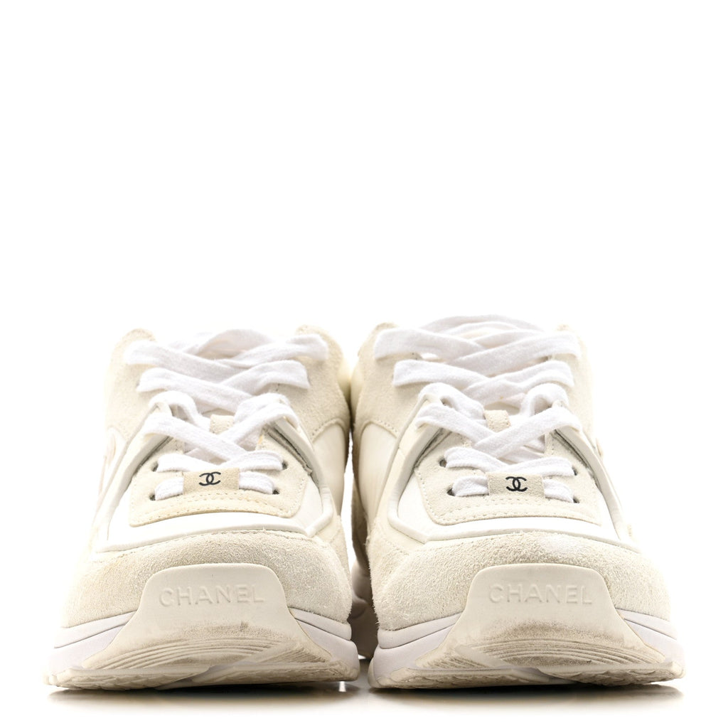 Chanel Suede Calfskin Fabric CC Sneakers 39.5 White