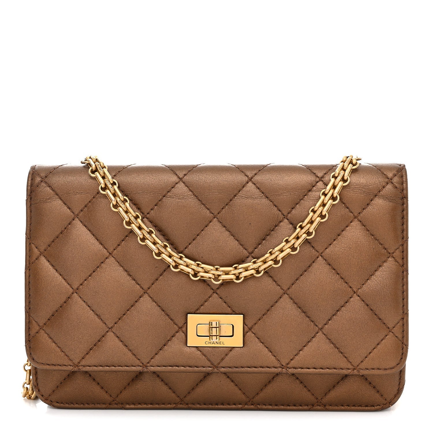 Chanel Metallic Calfskin Quilted 2.55 Reissue Wallet On Chain WOC Bronze