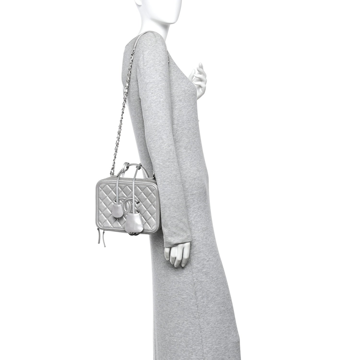 Chanel Metallic Caviar Quilted Medium CC Filigree Vanity Case Silver