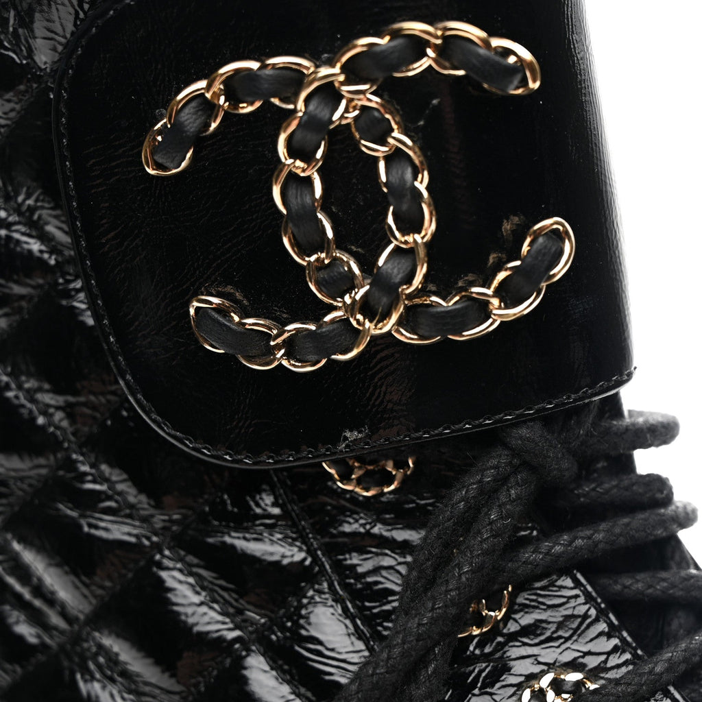 Chanel Shiny Goatskin Calfskin Quilted Lace Up Combat Boots 37 Black