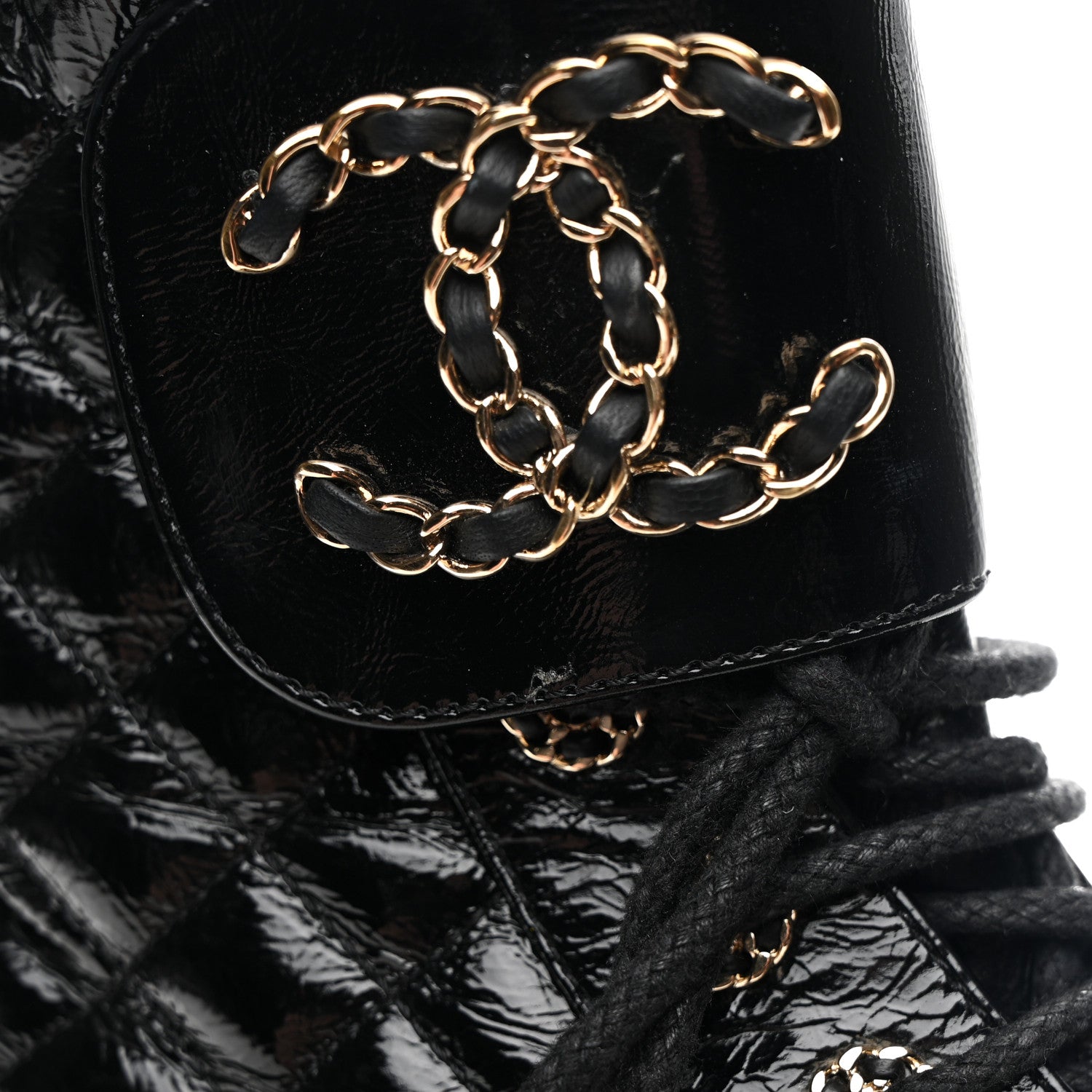 Chanel Shiny Goatskin Calfskin Quilted Lace Up Combat Boots 37 Black