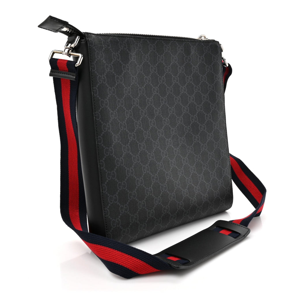 Gucci GG Supreme Monogram Appia Calfskin Web Flat Messenger Bag Black Grey