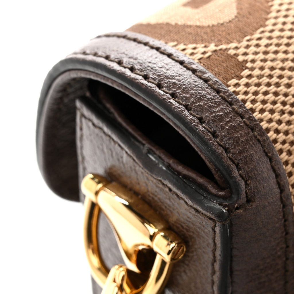 Gucci Monogram Jumbo GG Textured Dollar Calfskin Web Mini Horsebit 1955 Shoulder Bag Camel Ebony New Acero