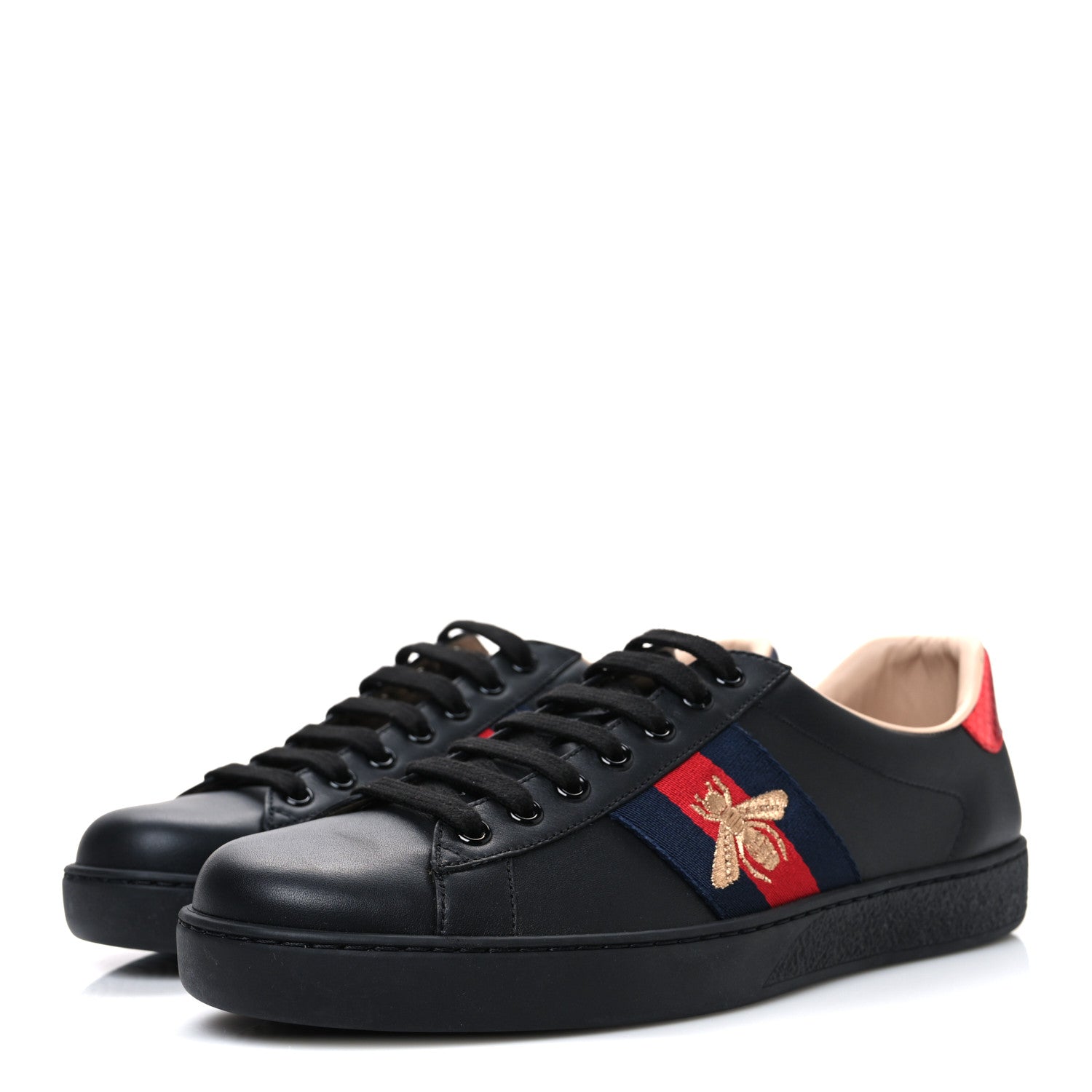 Gucci Miro Soft Calfskin Laminated Ayers Web Bee Embroidered Mens Ace Sneakers 6 Black Red Flame Night
