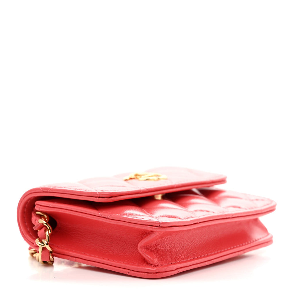 Chanel Shiny Lambskin Quilted Card Holder On Chain Pink