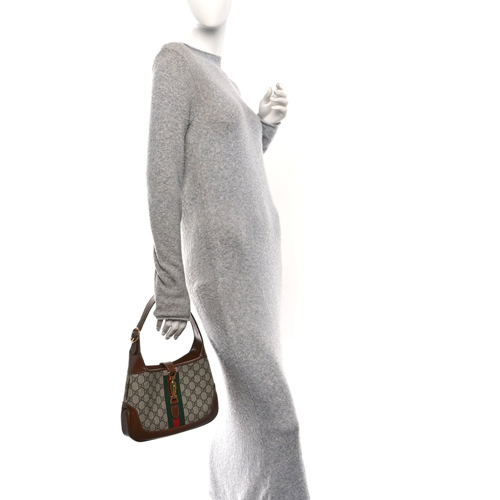 Gucci GG Supreme Monogram Azalea Calfskin Web Small Jackie 1961 Hobo Beige Ebony Brown Sugar