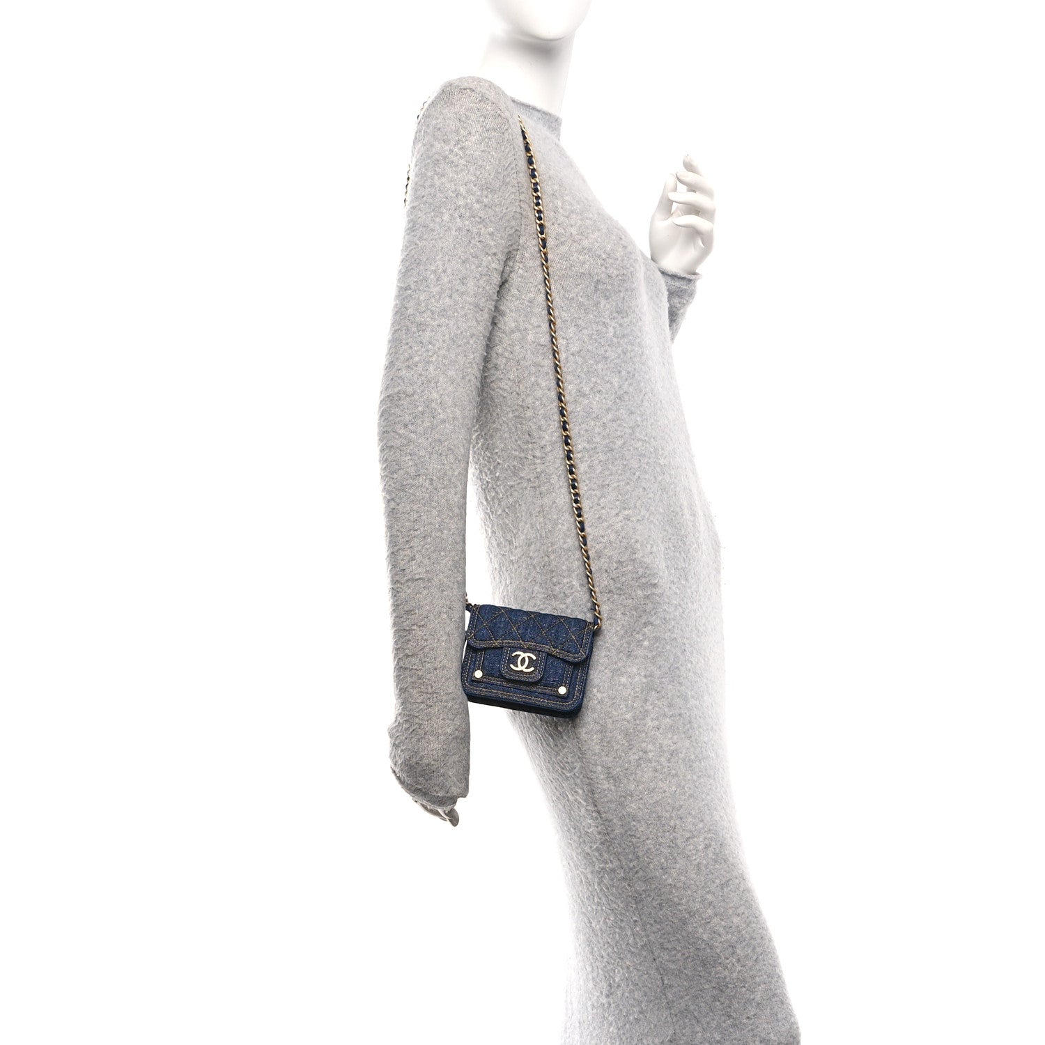 Chanel Denim Quilted Double You Card Holder On Chain Blue