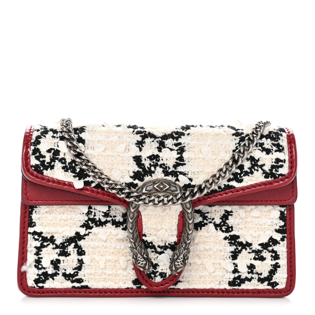 Gucci Tweed GG Monogram Super Mini Dionysus Shoulder Bag White Black Romantic Cherry