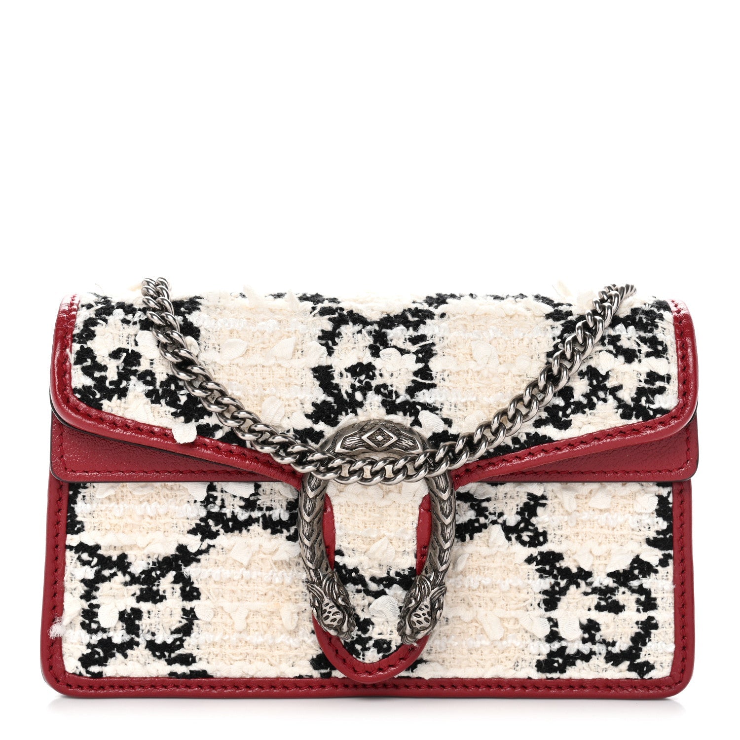 Gucci Tweed GG Monogram Super Mini Dionysus Shoulder Bag White Black Romantic Cherry