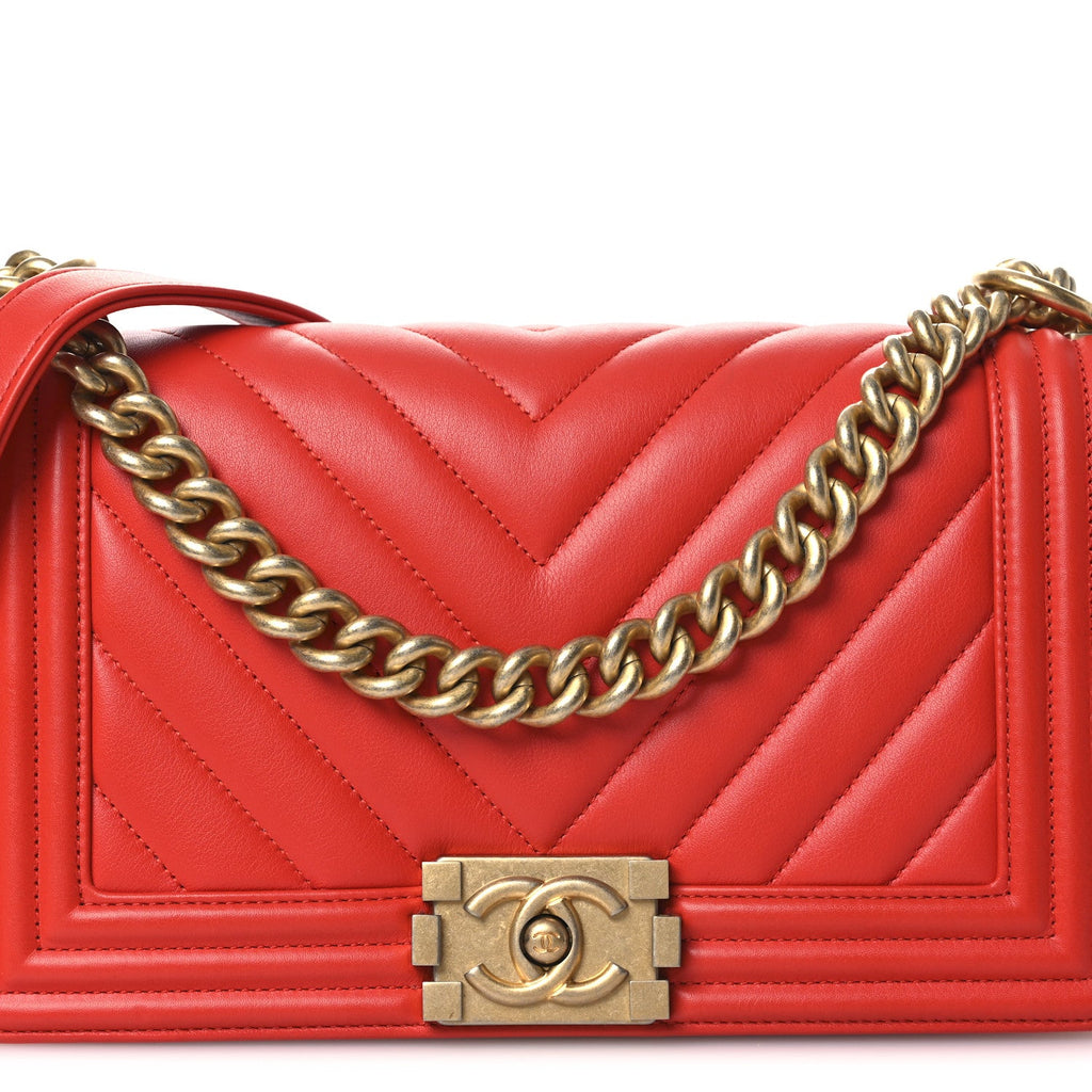 Chanel Calfskin Chevron Quilted Medium Boy Flap Red