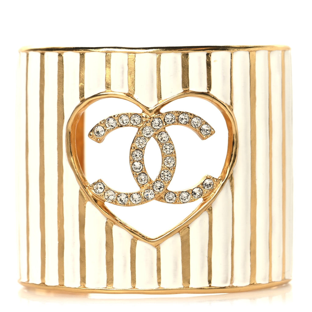 Crystal Heart CC Cuff Bracelet M Gold White