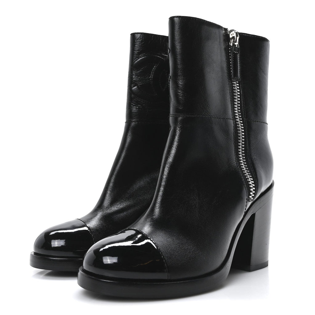 Calfskin Patent Quilted Cap Toe CC Boots 37 Black