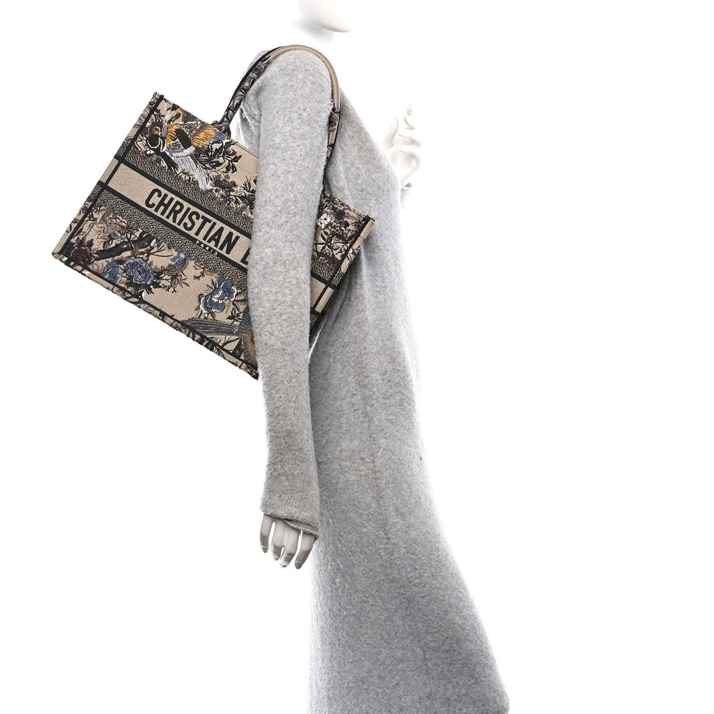 Christian Dior Canvas Embroidered Jardin D'Hiver Medium Book Tote Beige Multicolor