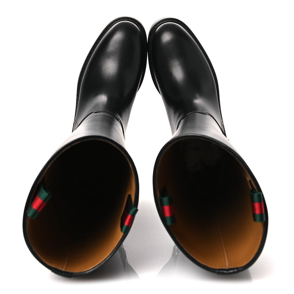 Gucci Shiny Calfskin Michelangelo Slim Horsebit Riding Boots 36 Black