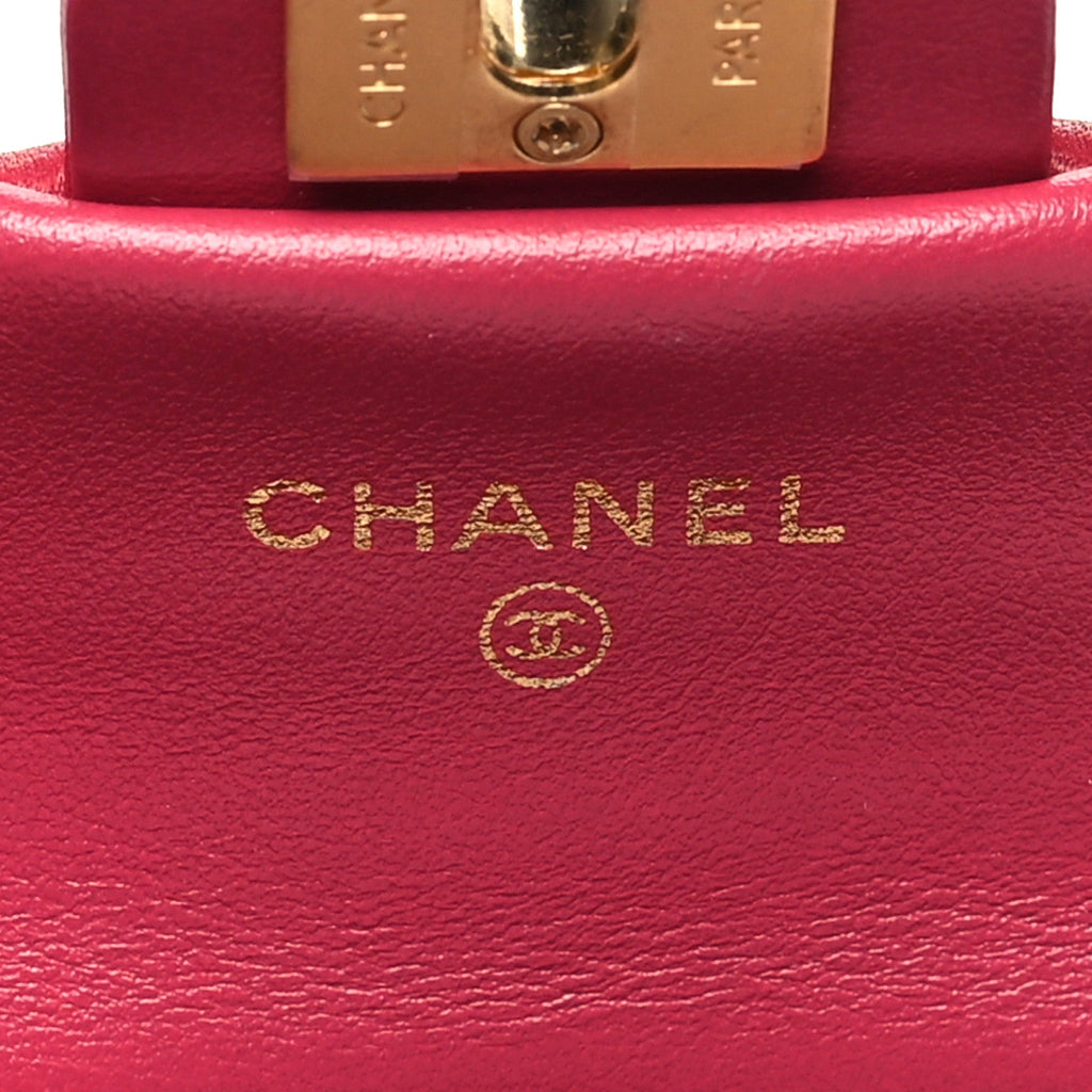 Chanel Calfskin Quilted Lady Handle Flap Card Holder With Chain Dark Pink