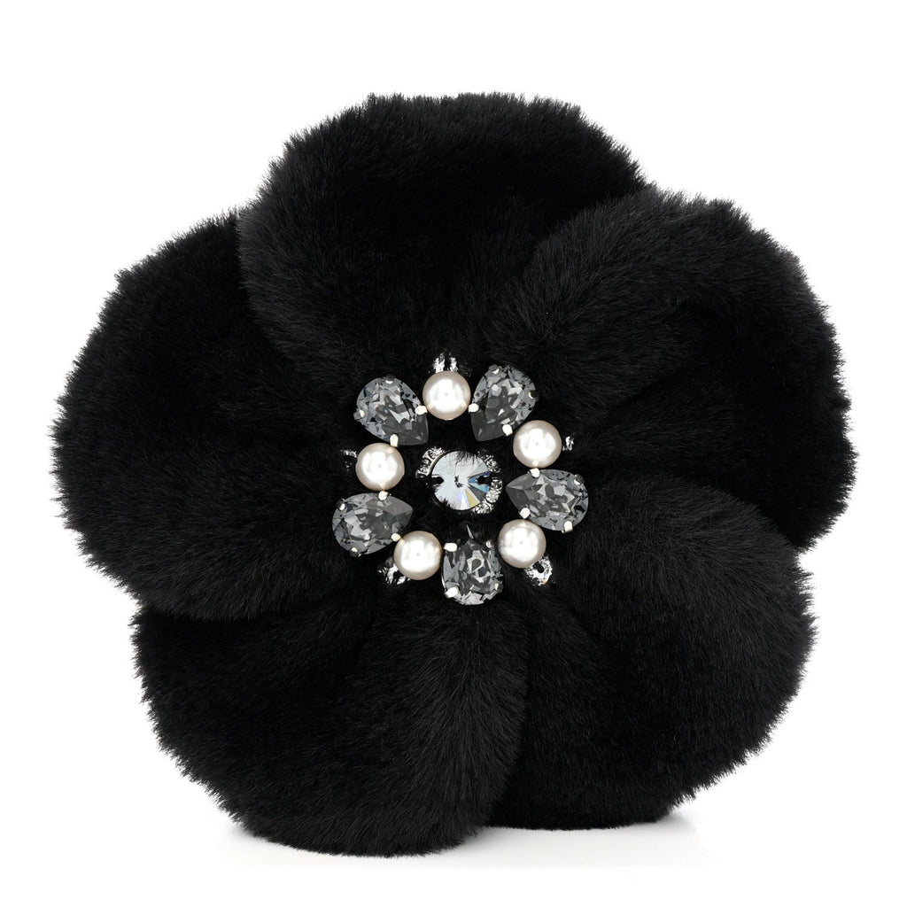 Faux Fur Strass Camellia Brooch Black