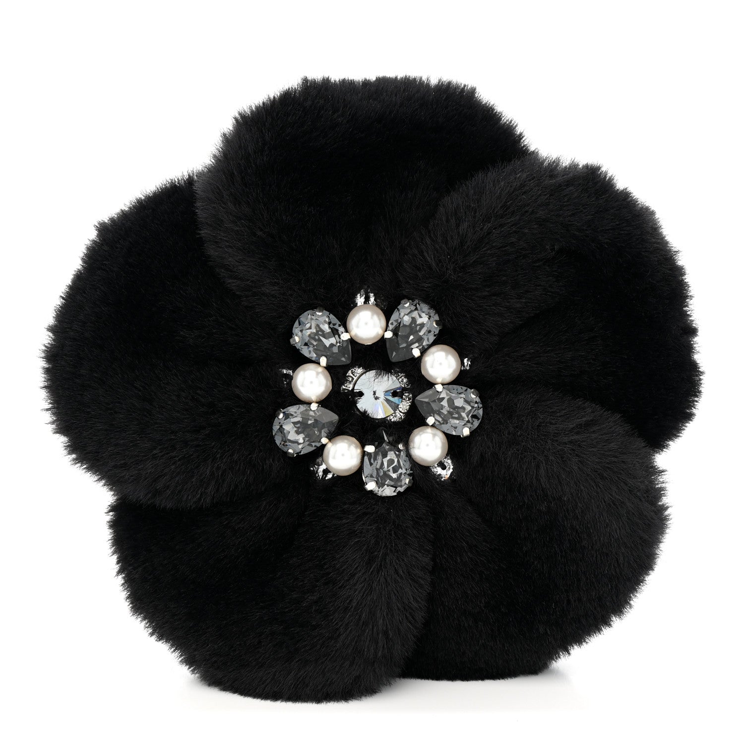 Faux Fur Strass Camellia Brooch Black
