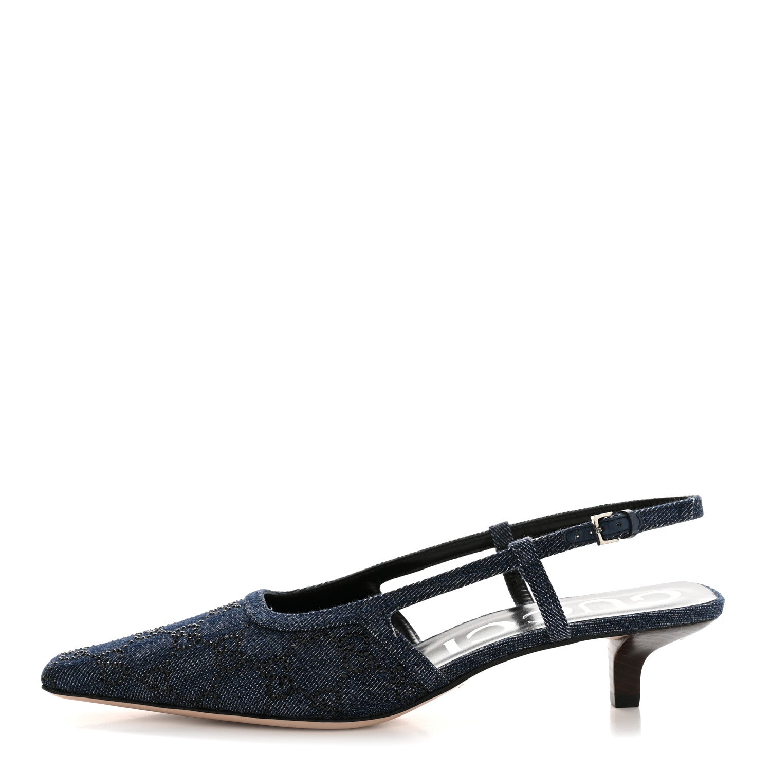 Gucci Denim GG Monogram Malaga Kid Crystal Square G 35mm Slingback Pumps 39.5 Blue