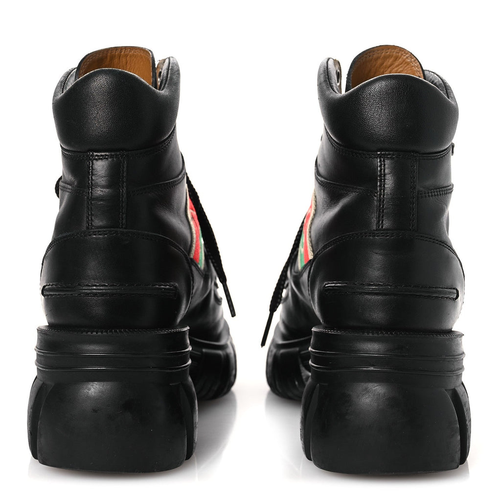 Gucci Quebec Calfskin Web Womens Interlocking G Lace Up Combat Boots 38 Black Mystic White Green Red