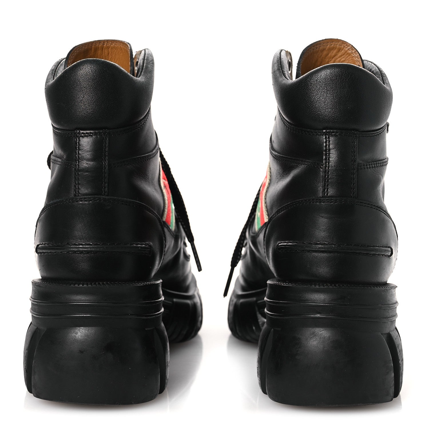 Gucci Quebec Calfskin Web Womens Interlocking G Lace Up Combat Boots 38 Black Mystic White Green Red