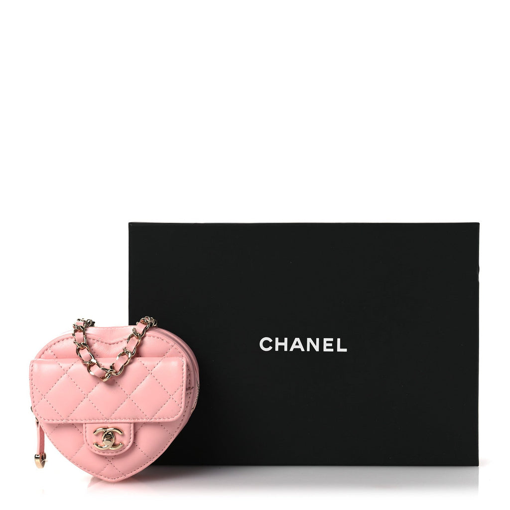 Chanel Lambskin Quilted CC In Love Heart Waist Belt Bag With Chain Light Pink