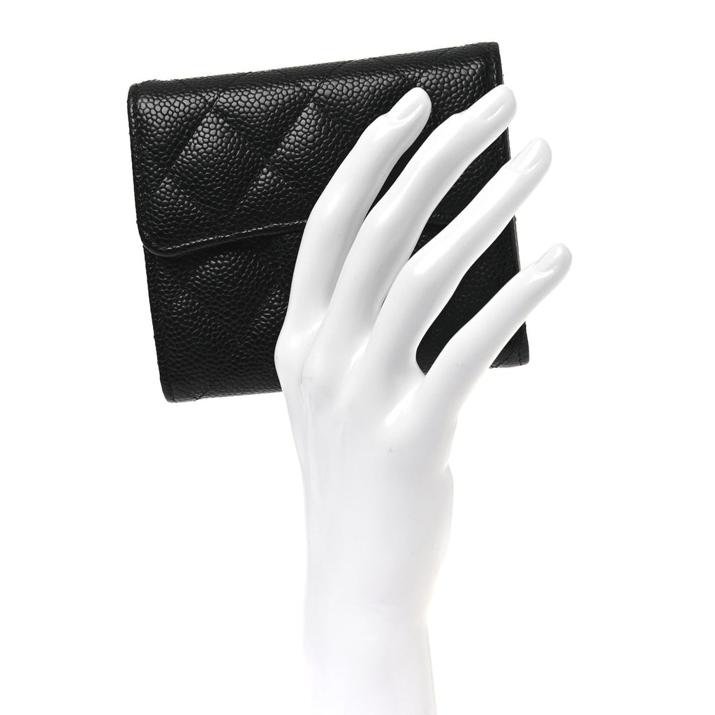 Caviar Quilted Compact Flap Wallet Black