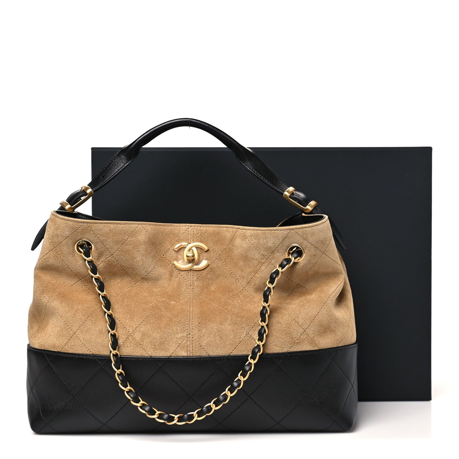 Chanel Suede Calfskin Shiny Lambskin Quilted Small Coco Base Shopping Bag Beige Black