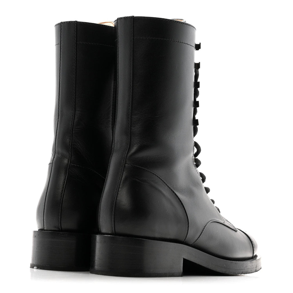 Calfskin Cap Toe Lace Up Combat Boots 38 Black