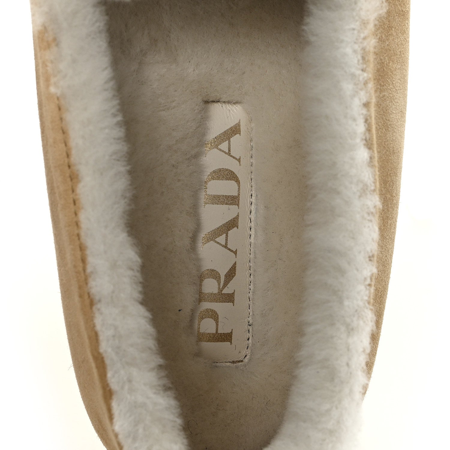 Prada Suede Shearling Triangle Logo Loafer 39 Ecru