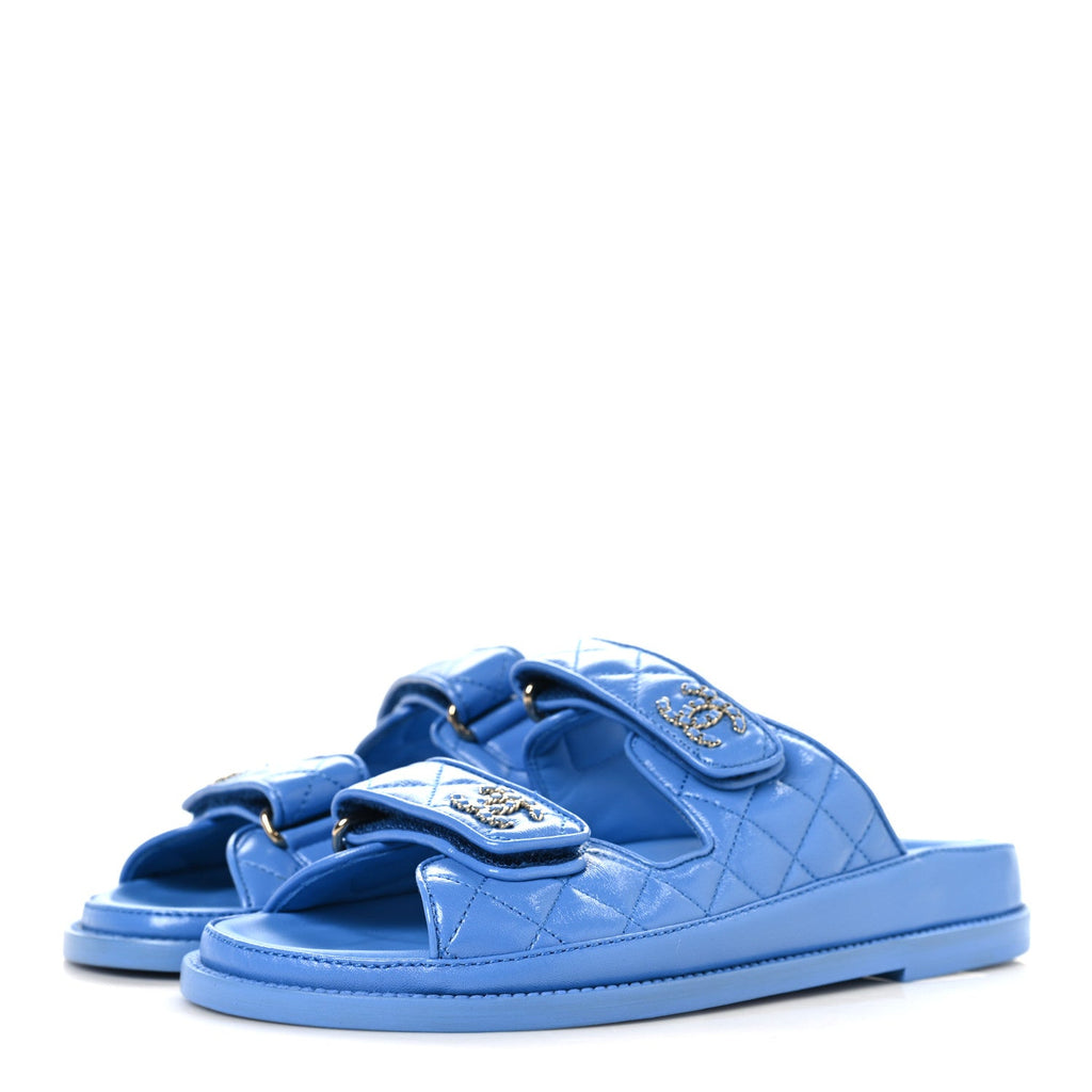 Lambskin Quilted Velcro Dad Chain CC Slide Sandals 37 Blue