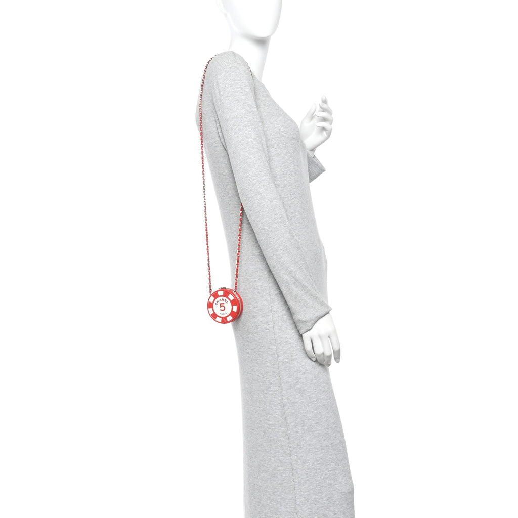 Chanel Lambskin Enamel Quilted Round Poker Chip Clutch With Chain Red White