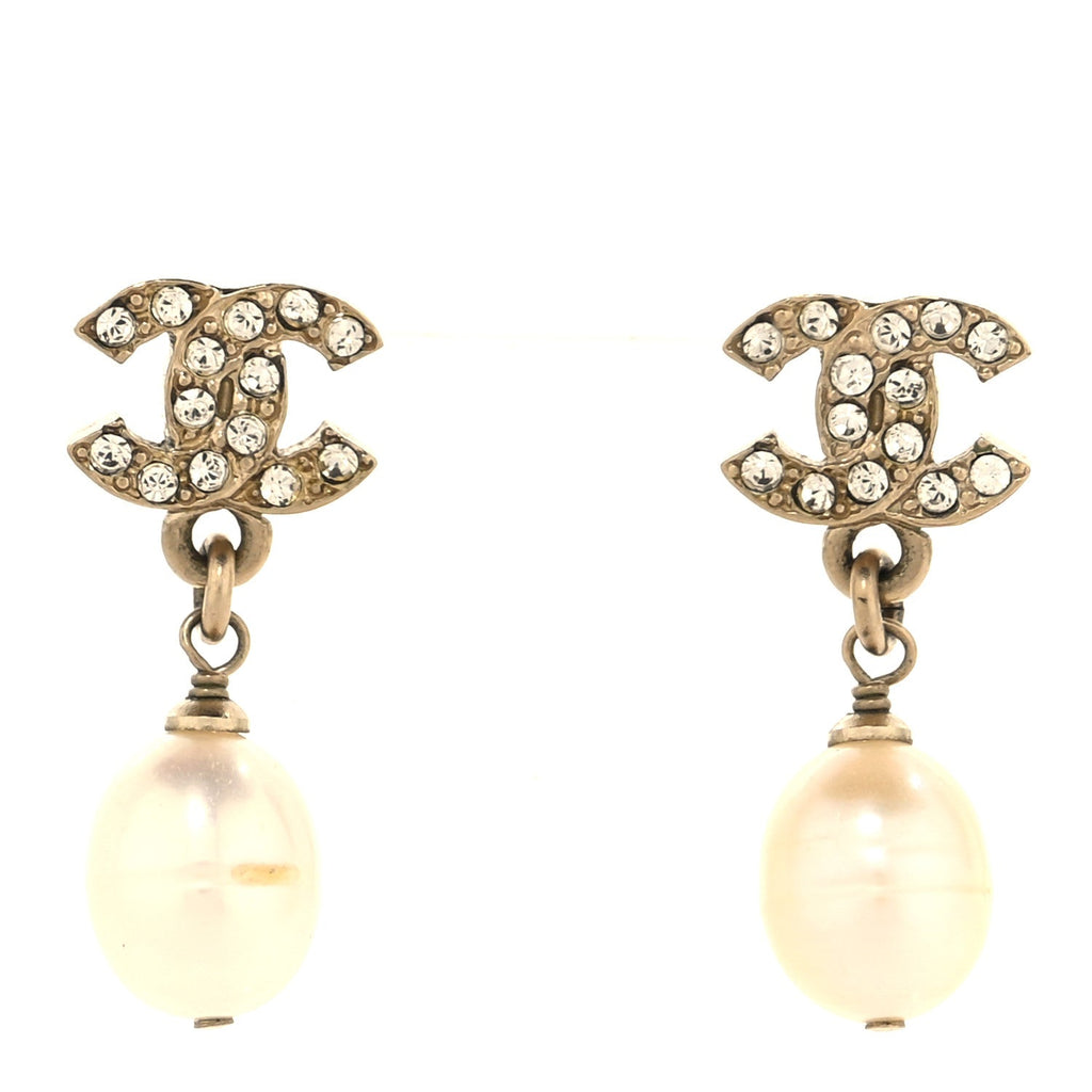 Crystal Pearl CC Drop Earrings Gold