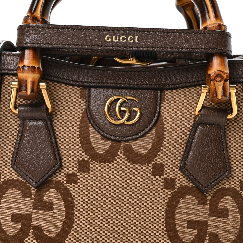 Gucci Monogram Jumbo GG Textured Dollar Calfskin Mini Diana Tote Bag Camel Ebony New Acero