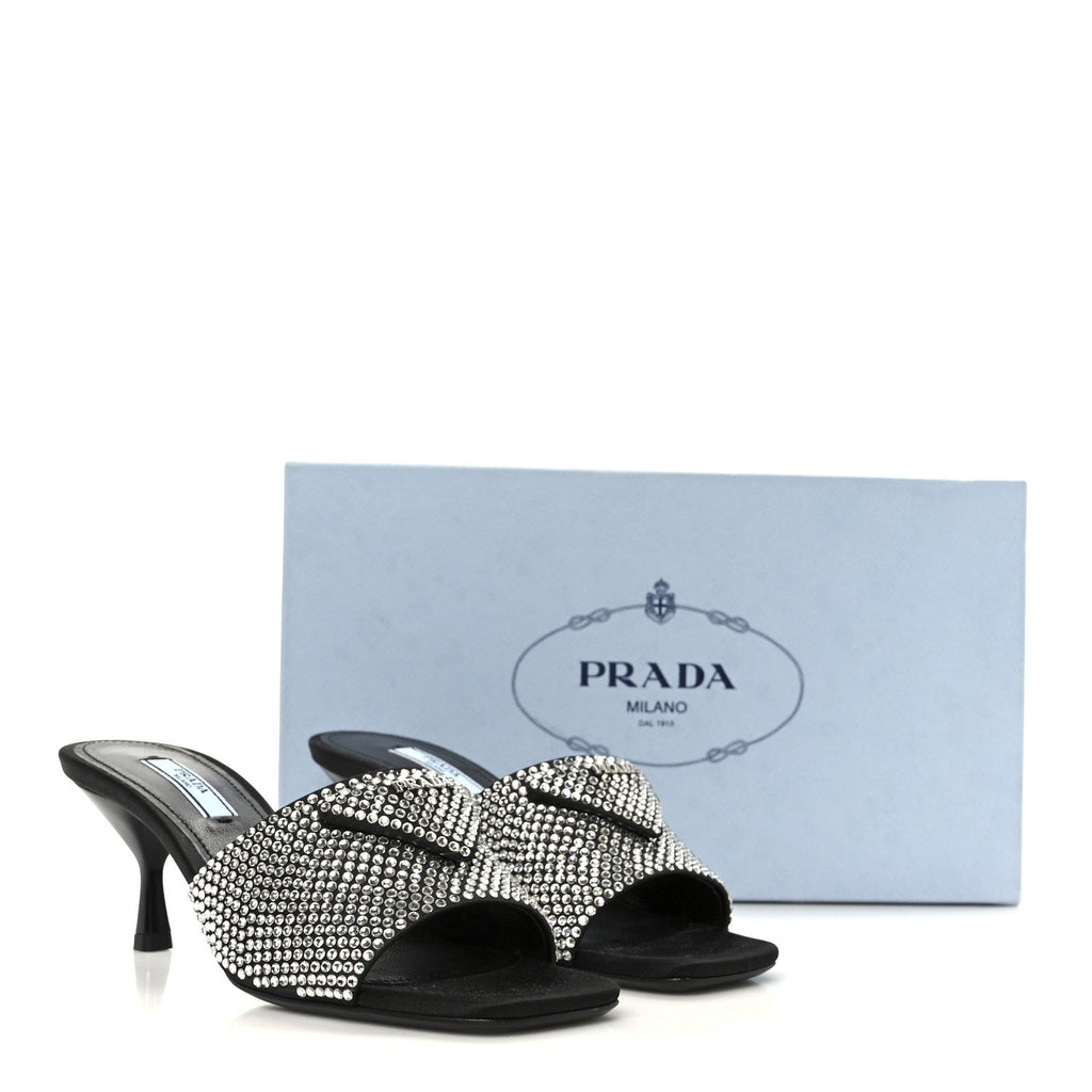 Prada Satin Crystal Logo 65mm Slide Sandals 36 Cristal