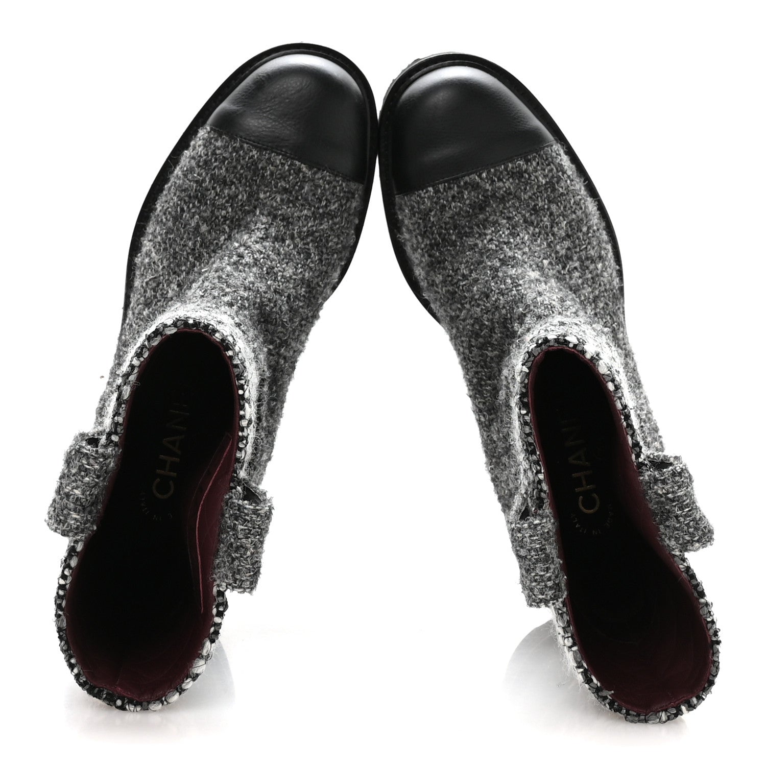 Chanel Wool Tweed CC Cap Toe Ankle Boots 38.5 Black Grey