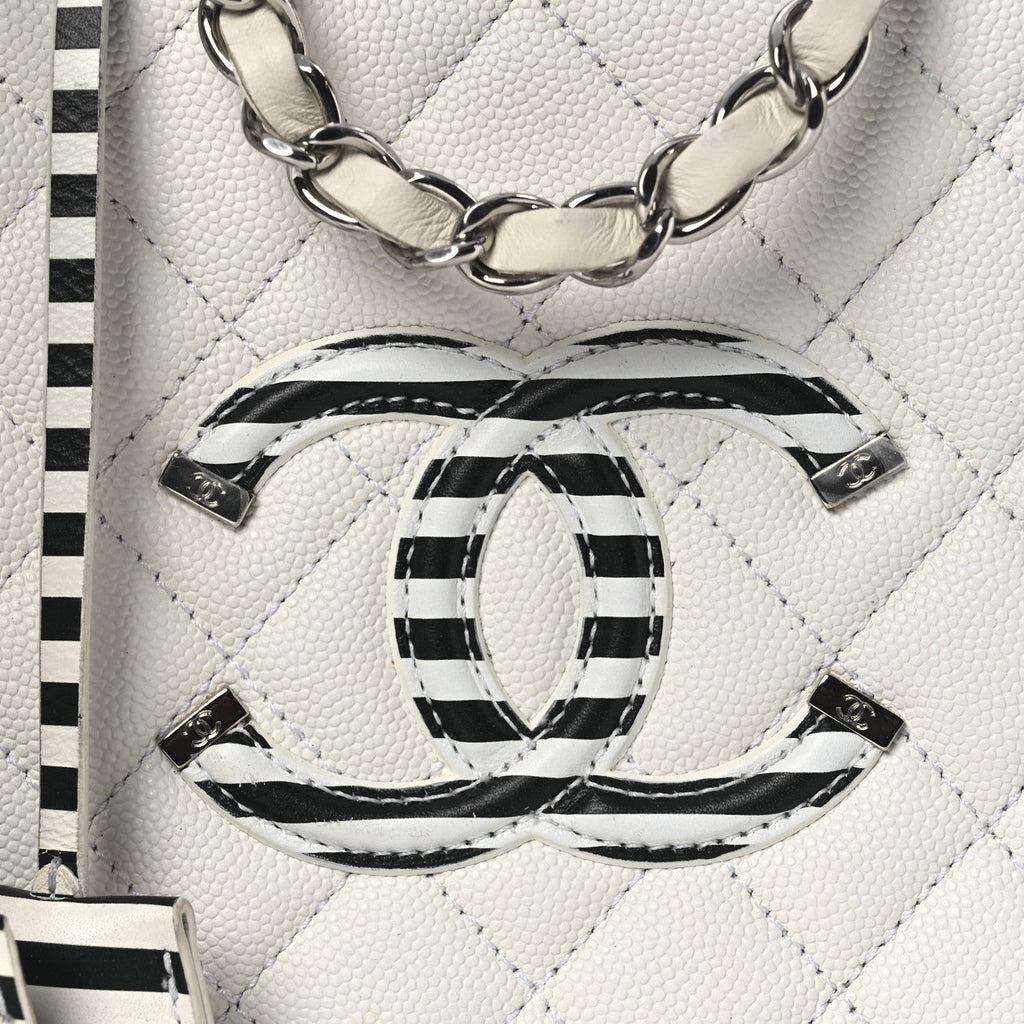 Chanel Caviar Quilted Striped Medium CC Filigree Vanity Case White Black
