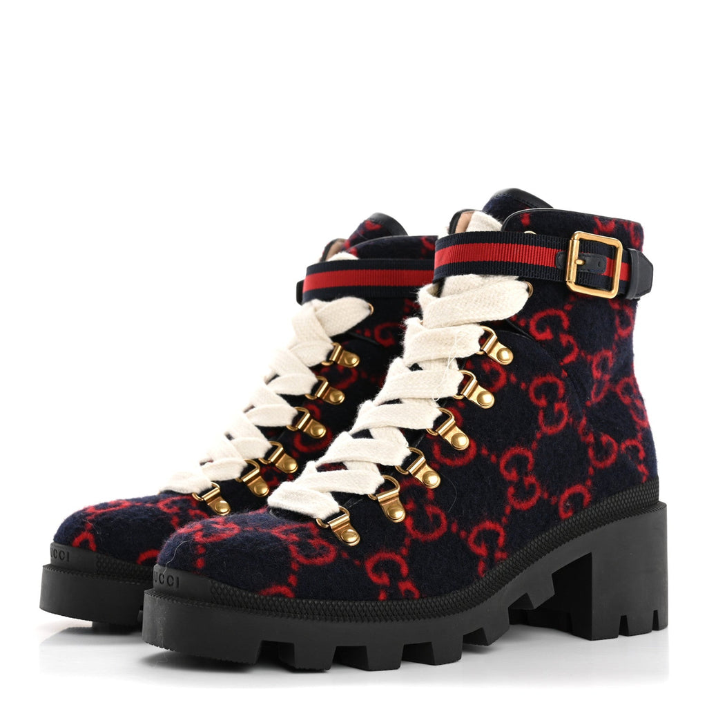 Gucci Covered Wool Big GG Monogram Womens Lace Up Combat Ankle Boots 37 Blue Red
