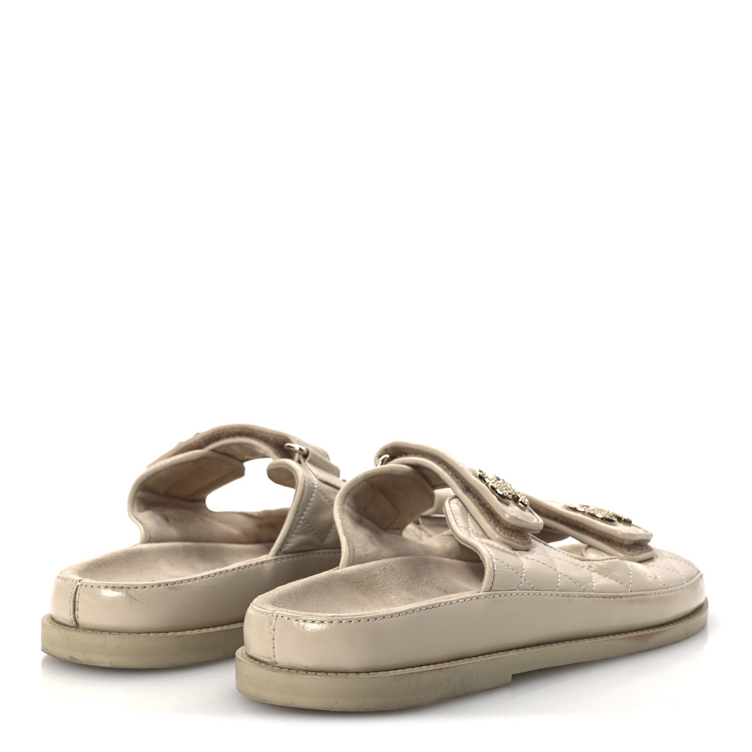 Chanel Shiny Calfskin Quilted Velcro Dad Crystal CC Slide Sandals 39 Beige