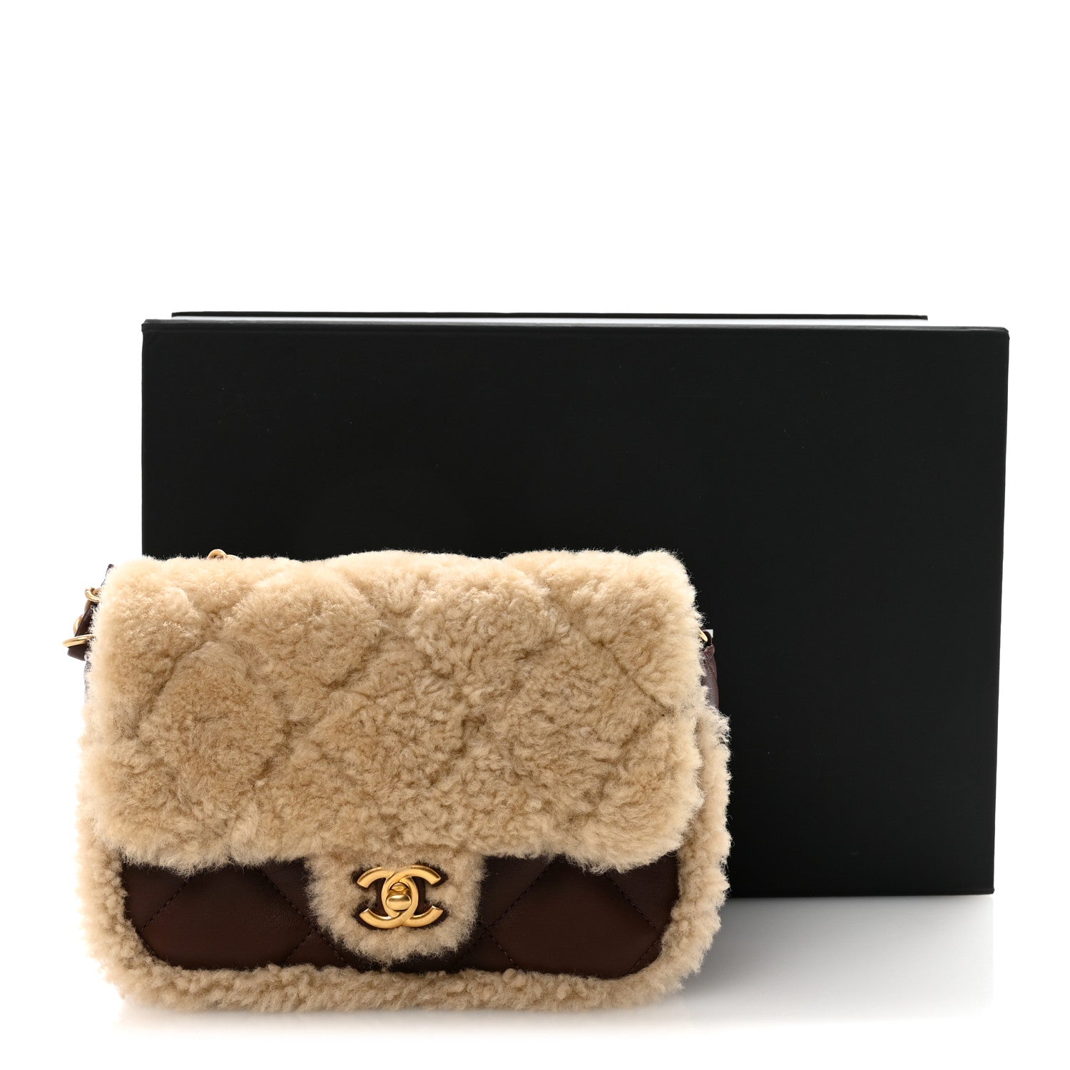 Chanel Shearling Lambskin Quilted Mini Furry Coco Flap Beige Dark Brown