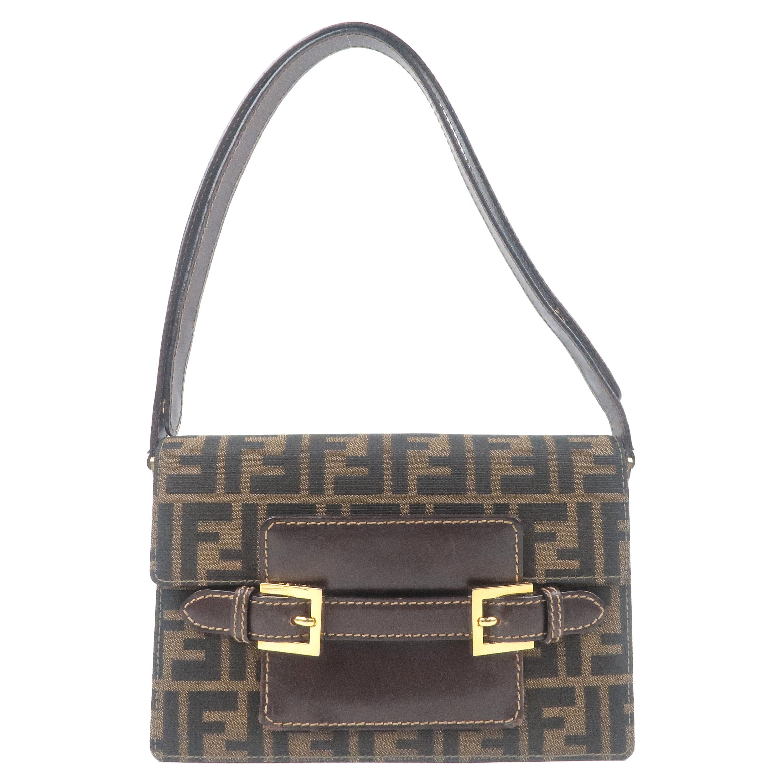 FENDI Zucca Canvas Leather Shoulder Bag Khaki Black 15079