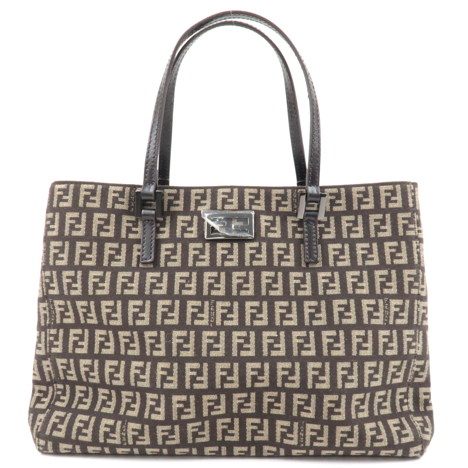 FENDI Zucchino Canvas Leather Hand Bag Beige Brown 8BH132