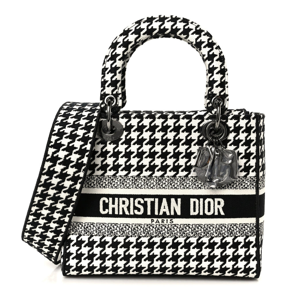 Christian Dior Canvas Houndstooth Embroidered Medium Lady D-Lite Black White
