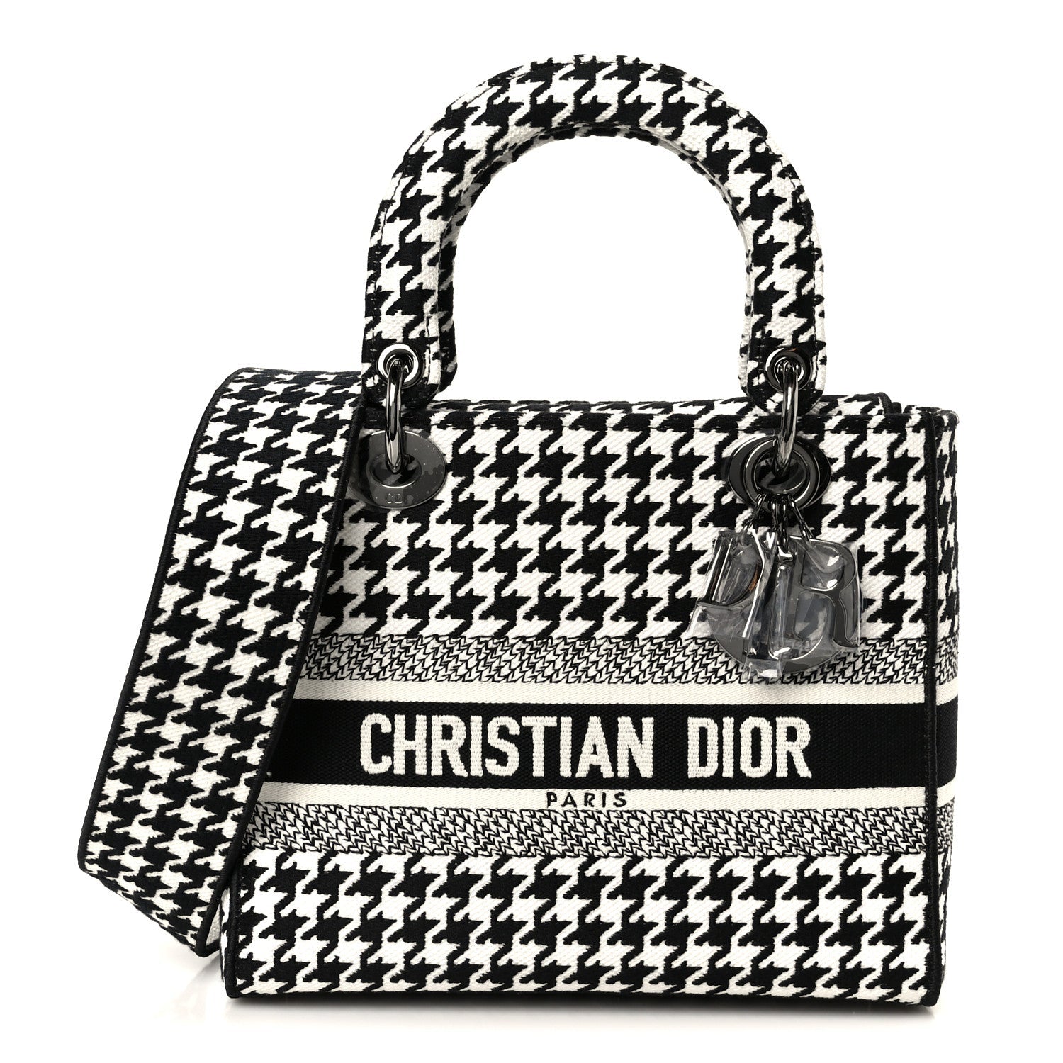 Christian Dior Canvas Houndstooth Embroidered Medium Lady D-Lite Black White