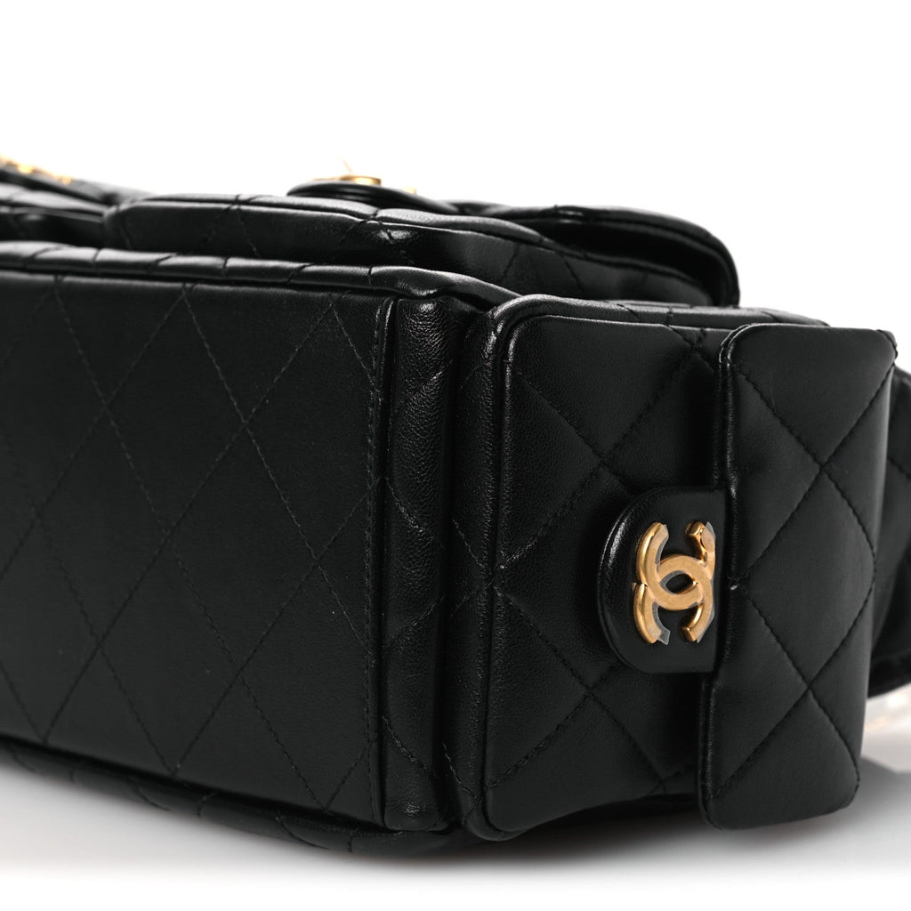 Chanel Shiny Lambskin Quilted Trendy Pockets Hobo Black