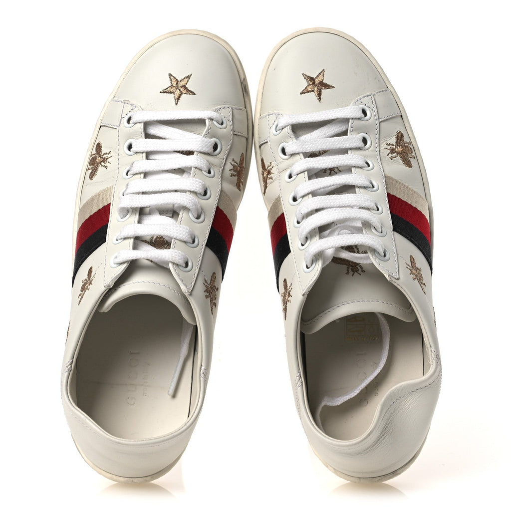 Gucci Calfskin Bee Star Embroidered Sylvie Web Ace Sneakers 35.5 White